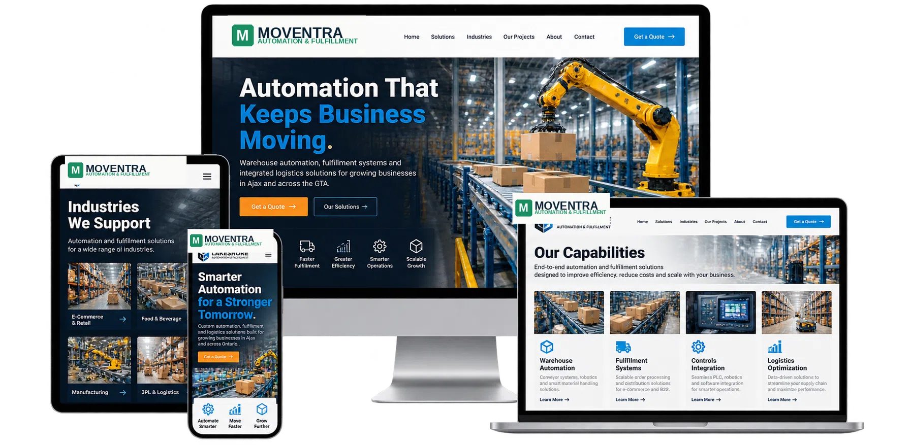 Moventra Automation and Fulfillment fictional website concept for Ajax shown across desktop laptop tablet and mobile devices