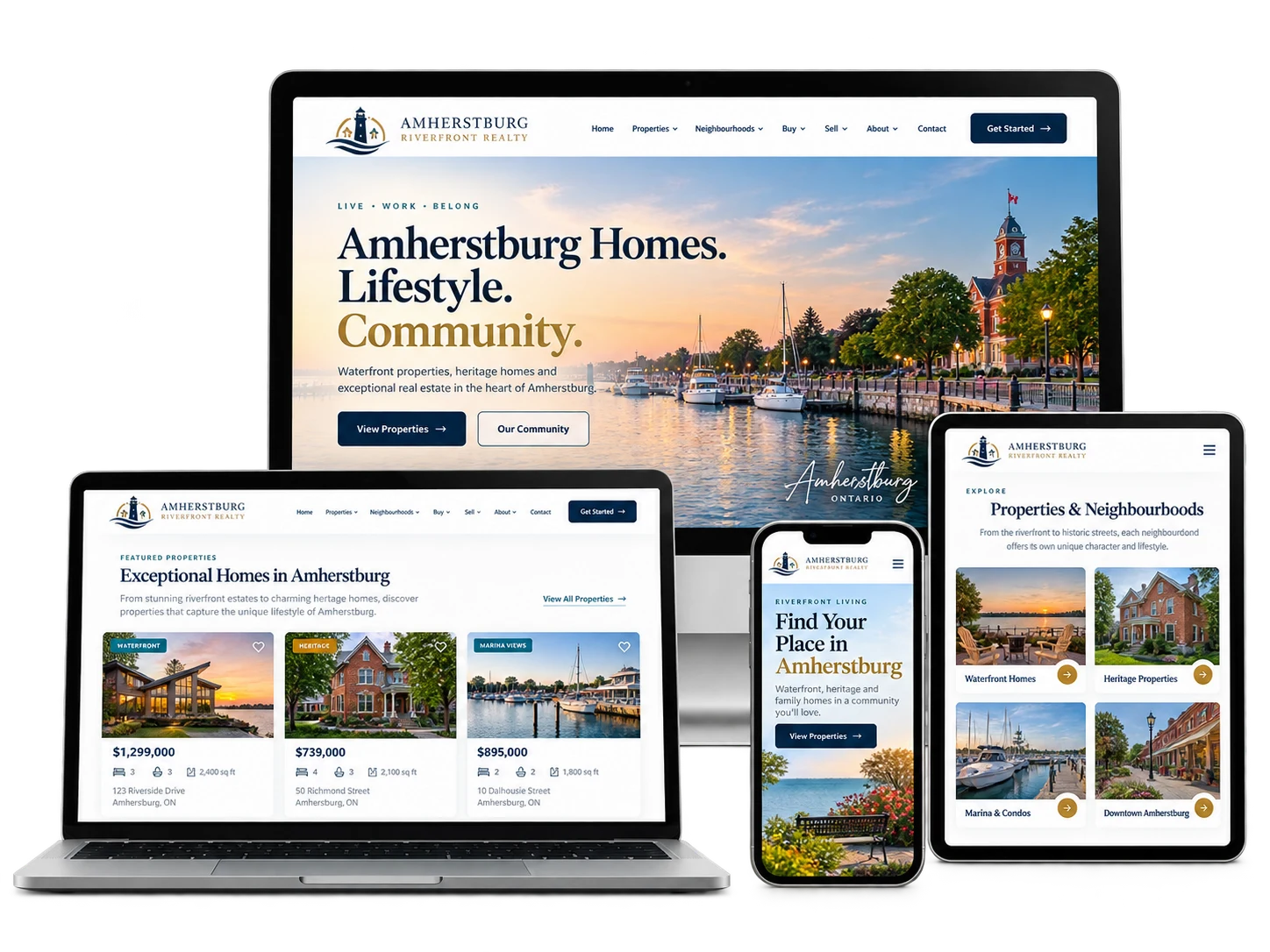 Amherstburg Riverfront Realty fictional waterfront real estate website shown across desktop, laptop, tablet and mobile devices