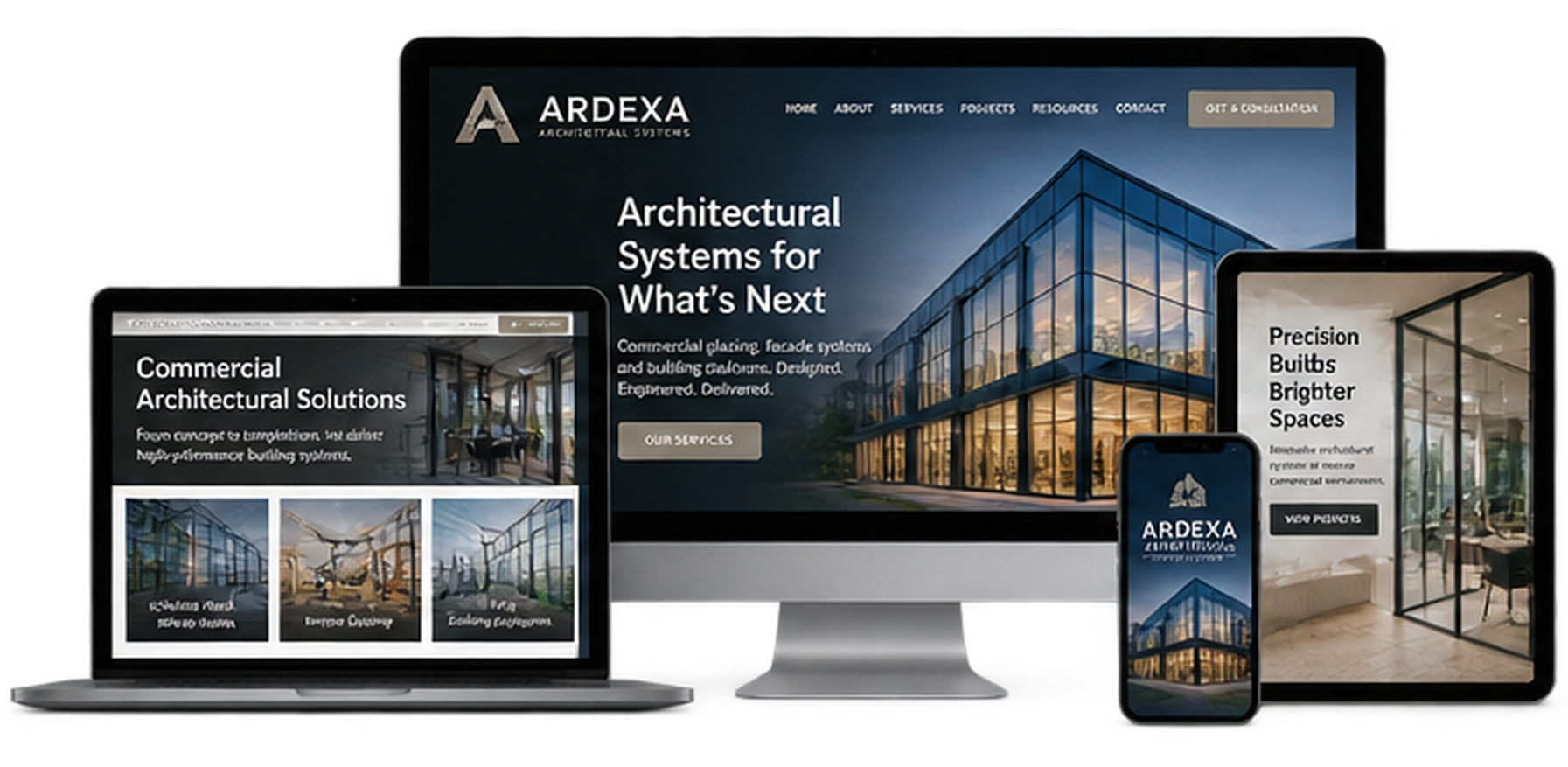 Ardexa Architectural Systems fictional Ancaster commercial architectural systems website concept shown across desktop laptop tablet and mobile devices