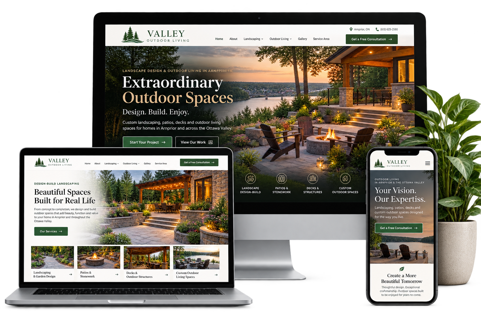 Valley Outdoor Living fictional Arnprior landscaping website shown across desktop laptop and mobile devices