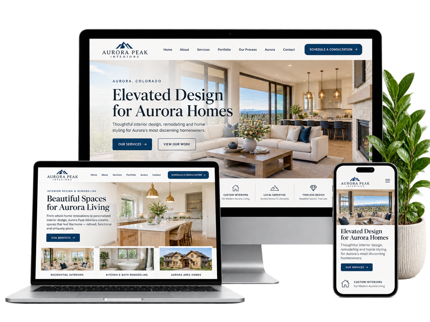 Aurora Peak Interiors fictional Aurora design and renovation website concept shown across desktop laptop and mobile devices