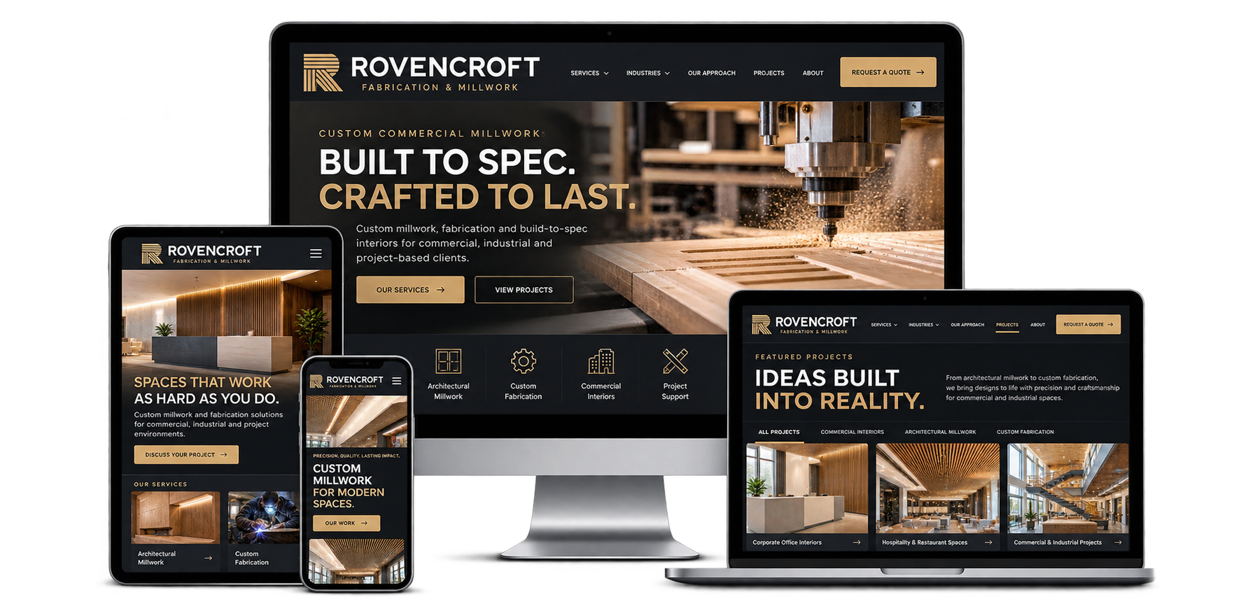 Rovencroft Fabrication and Millwork fictional Ayr commercial fabrication website concept shown across desktop laptop tablet and mobile devices