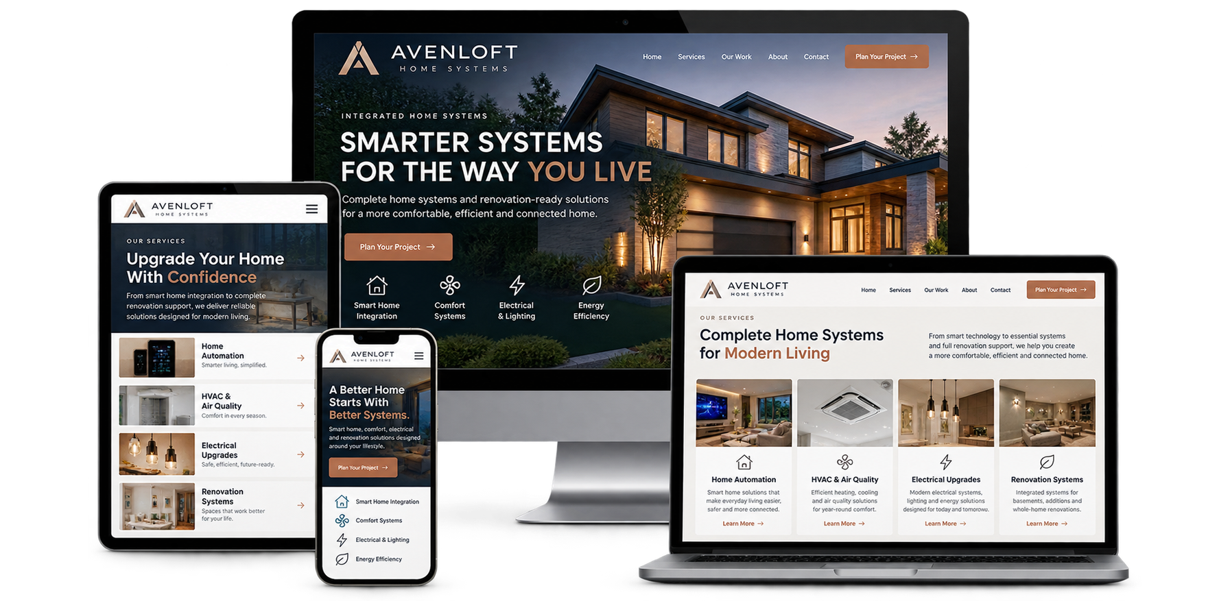 Avenloft Home Systems fictional Barrhaven home systems website concept shown across desktop laptop tablet and mobile devices