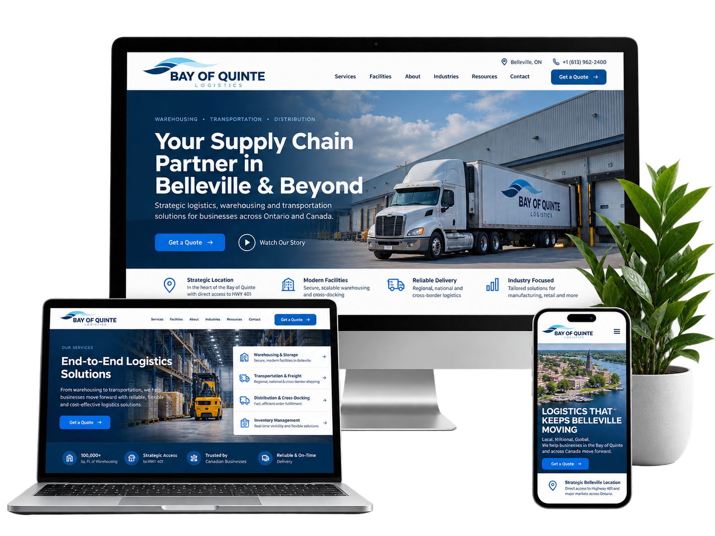 Bay of Quinte Logistics fictional Belleville logistics website shown across desktop laptop and mobile devices