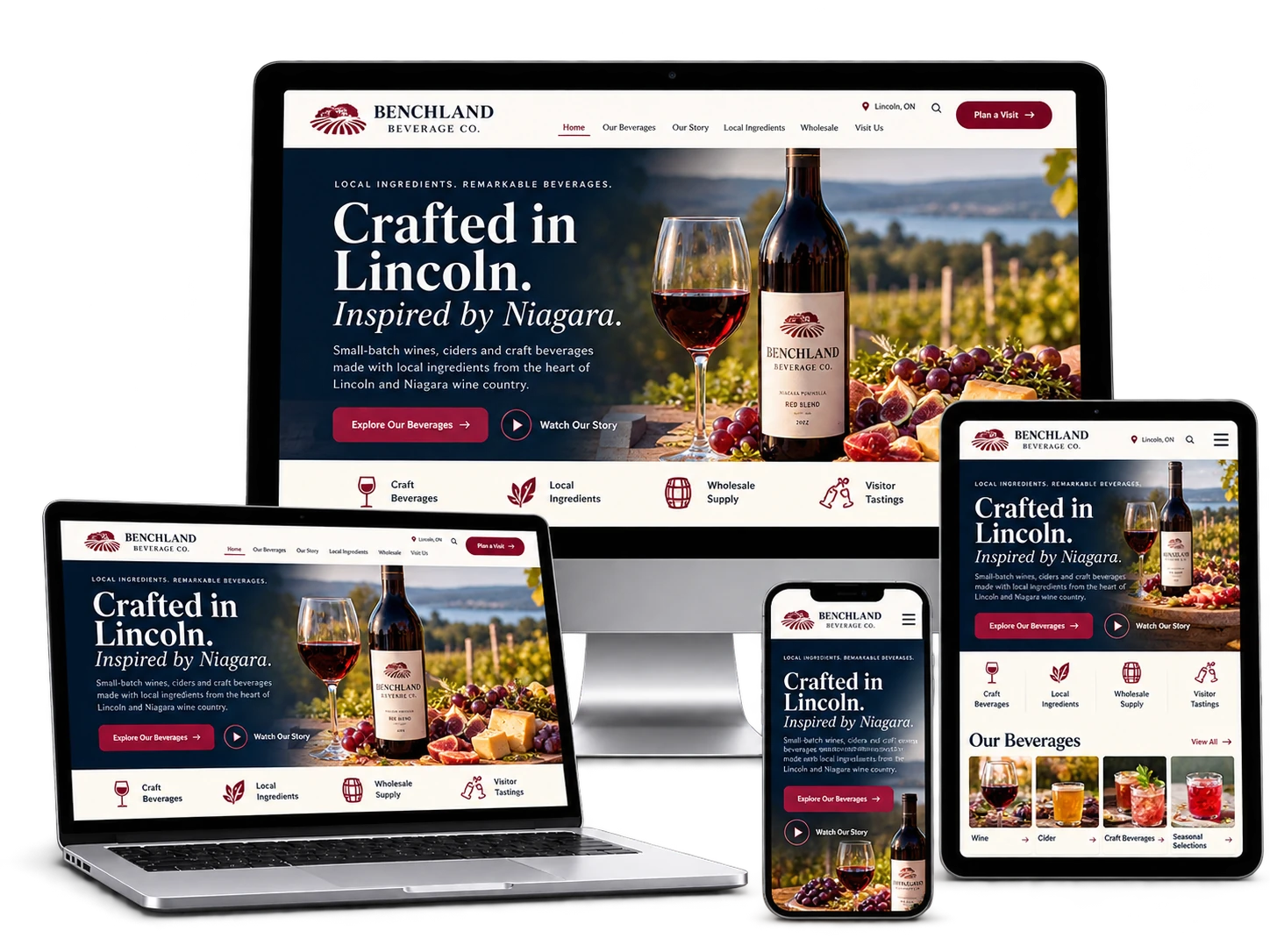 Benchland Beverage Co fictional Lincoln craft beverage website shown across desktop laptop tablet and mobile devices