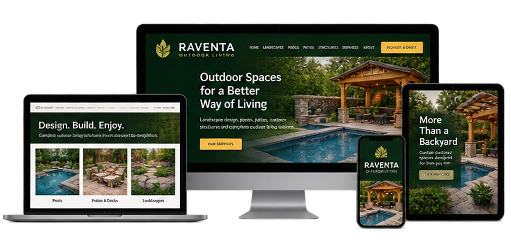 Raventa Outdoor Living fictional Binbrook landscaping and outdoor living website concept shown across desktop laptop tablet and mobile devices