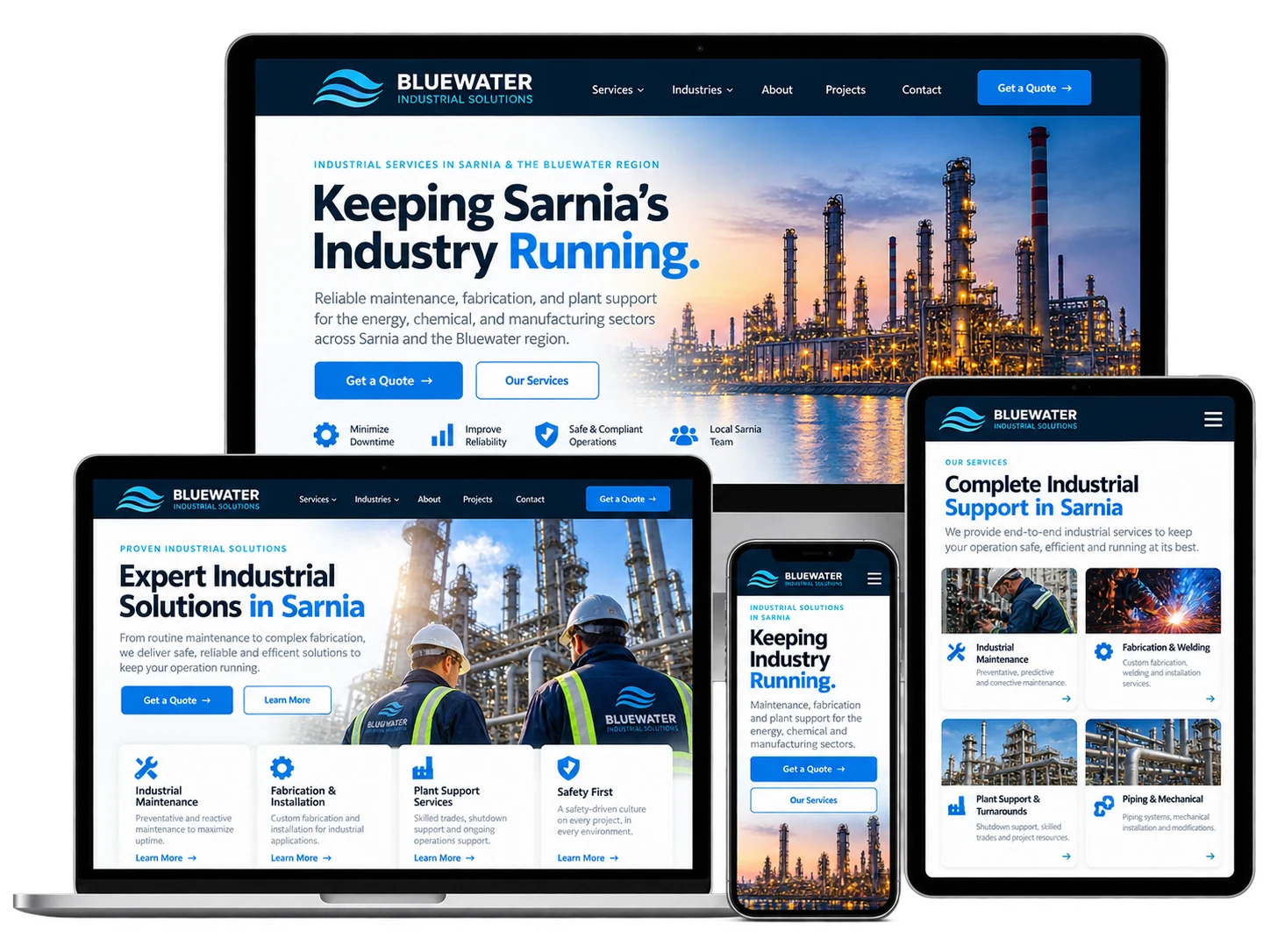 Bluewater Industrial Solutions fictional Sarnia industrial website shown across desktop, laptop, tablet and mobile devices