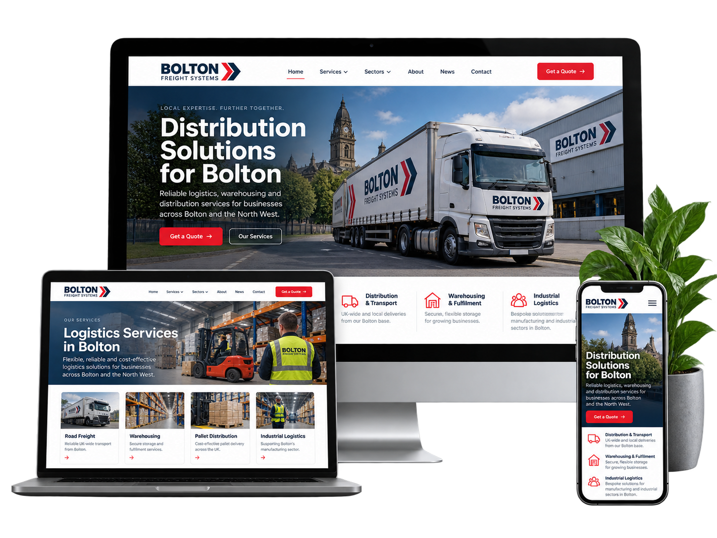 Bolton Freight Systems fictional Bolton logistics website concept shown across desktop laptop and mobile devices
