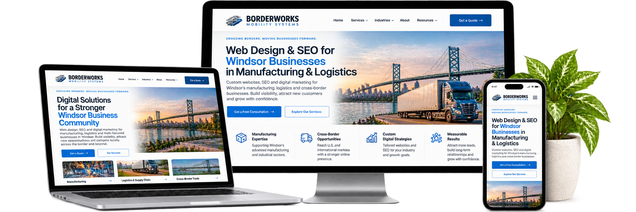 BorderWorks Mobility Systems fictional Windsor automotive and cross-border manufacturing website concept shown across desktop laptop and mobile devices
