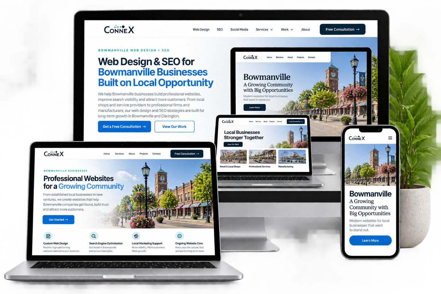 Bowmanville web design and SEO concept displayed across responsive desktop laptop and mobile screens