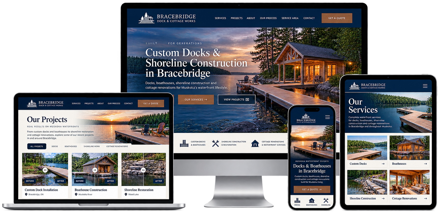 Fictional Bracebridge business website shown across desktop laptop tablet and mobile devices