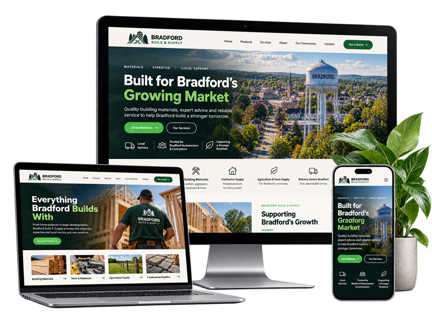Bradford Build and Supply fictional Bradford building supply website concept shown across desktop laptop and mobile devices