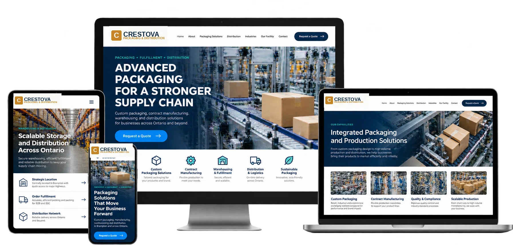 Crestova Packaging and Distribution fictional website concept for Brampton shown across desktop laptop tablet and mobile devices