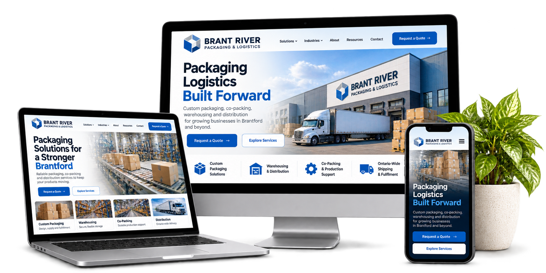 Brant River Packaging and Logistics fictional Brantford packaging and distribution website concept shown across desktop laptop and mobile devices