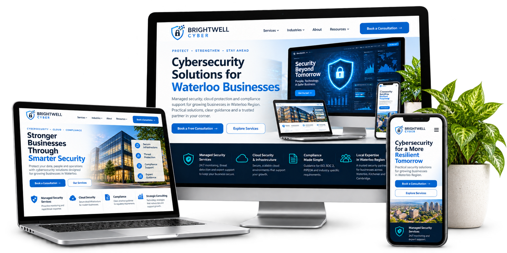 Brightwell Cyber fictional Waterloo cybersecurity website concept shown across desktop laptop and mobile devices