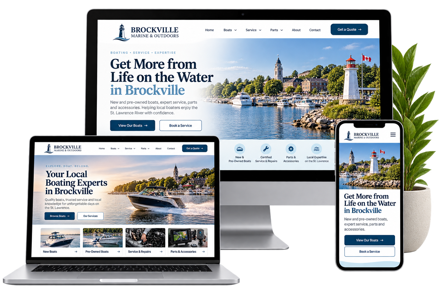 Brockville Marine and Outdoors fictional Brockville boating website shown across desktop laptop and mobile devices