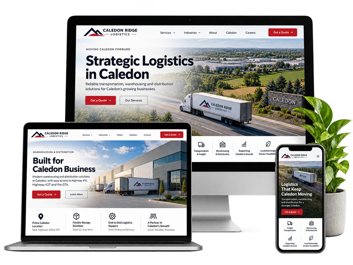 Caledon Ridge Logistics fictional Caledon logistics website concept shown across desktop laptop and mobile devices