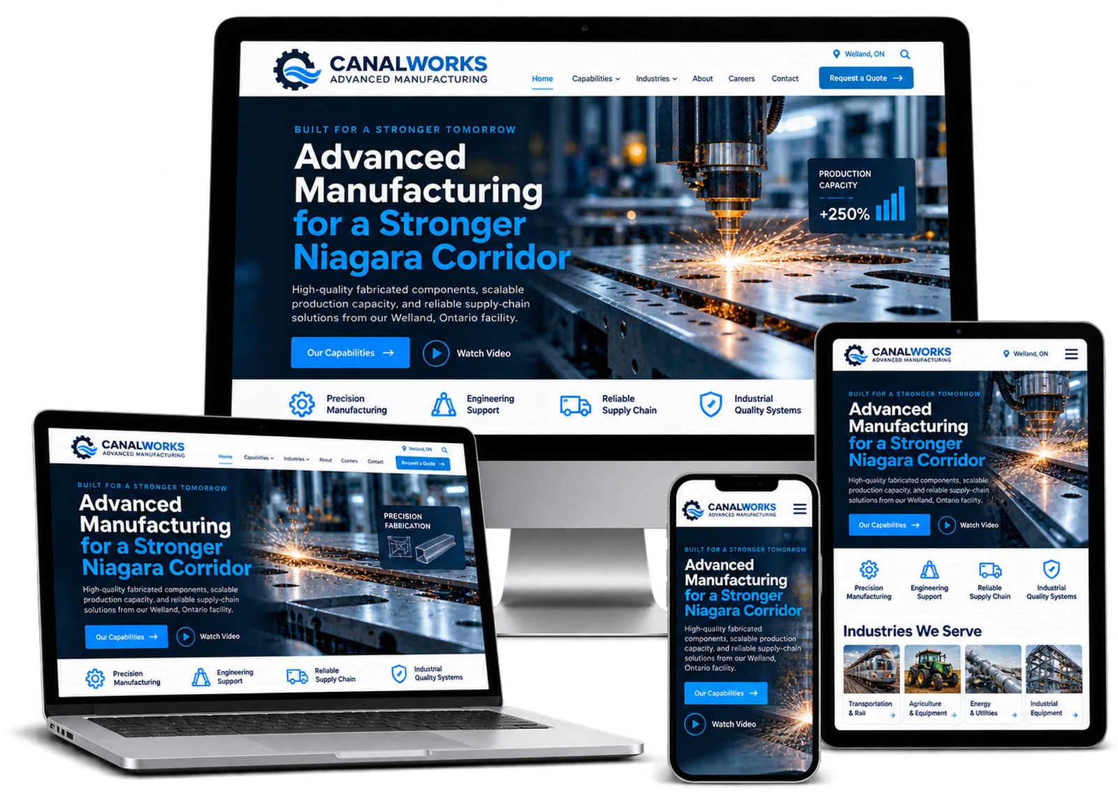 CanalWorks Advanced Manufacturing fictional Welland manufacturing website shown across desktop laptop tablet and mobile devices