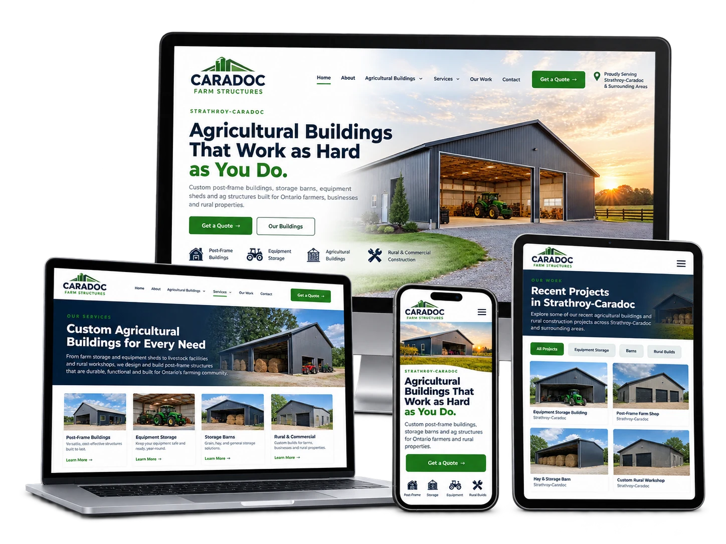 Caradoc Farm Structures fictional Strathroy-Caradoc agricultural construction website shown across desktop, laptop, tablet and mobile devices