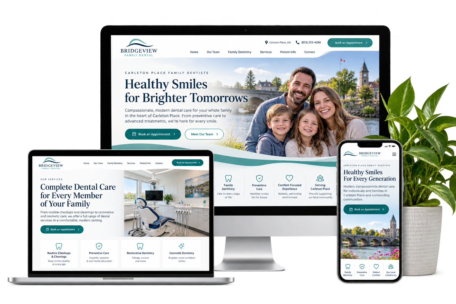 Bridgeview Family Dental fictional Carleton Place dental website shown across desktop laptop and mobile devices