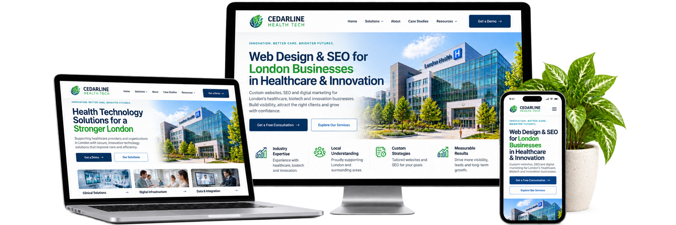 Cedarline HealthTech fictional London healthcare technology website concept shown across desktop laptop and mobile devices