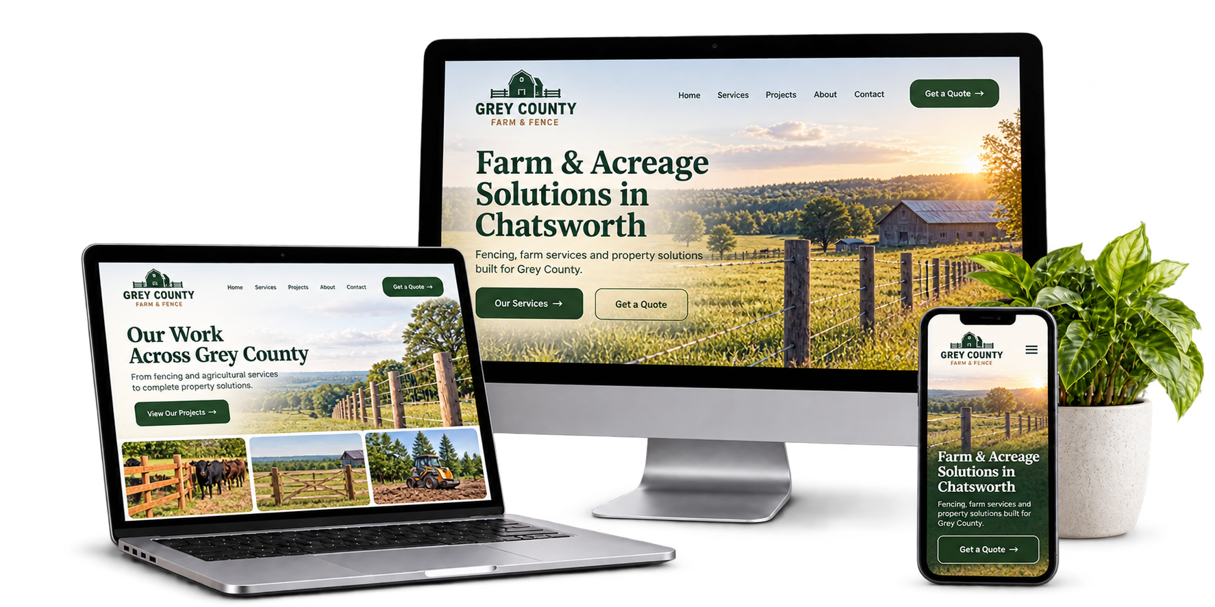 Grey County Farm and Fence fictional Chatsworth rural services website concept shown across desktop laptop and mobile devices