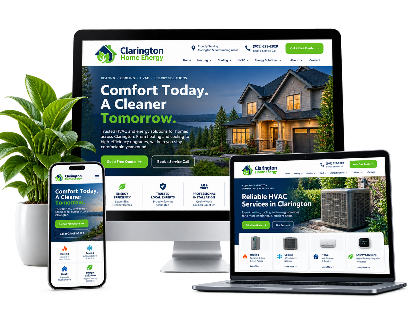 Clarington Home Energy fictional HVAC and energy services website shown across desktop laptop and mobile devices