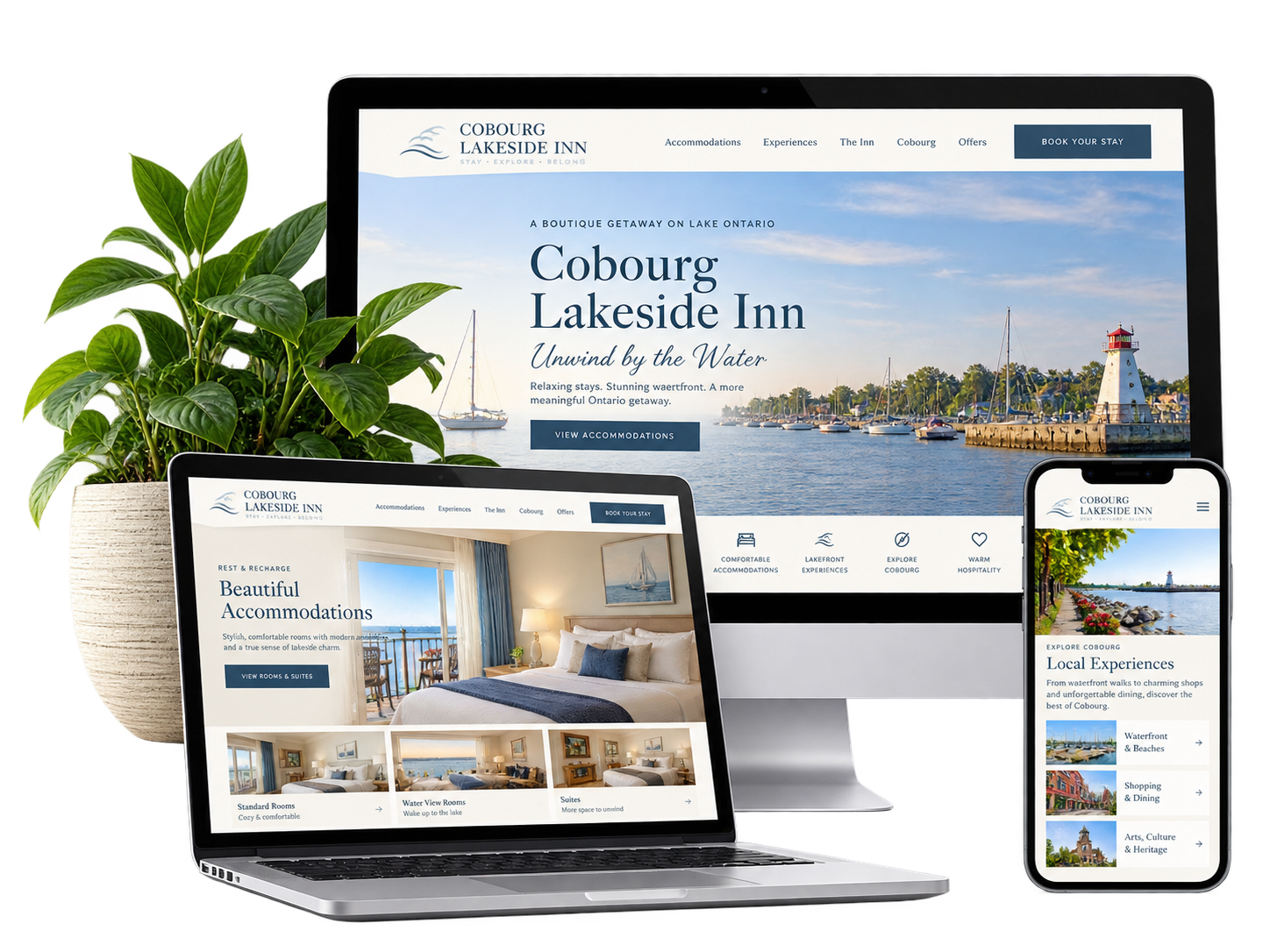 Cobourg Lakeside Inn fictional hospitality website shown across desktop laptop and mobile devices