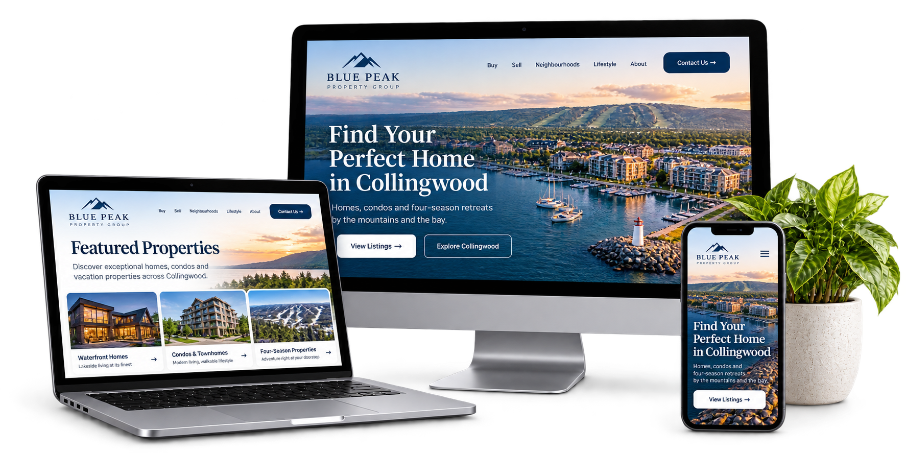 Blue Peak Property Group fictional Collingwood real estate website concept shown across desktop laptop and mobile devices