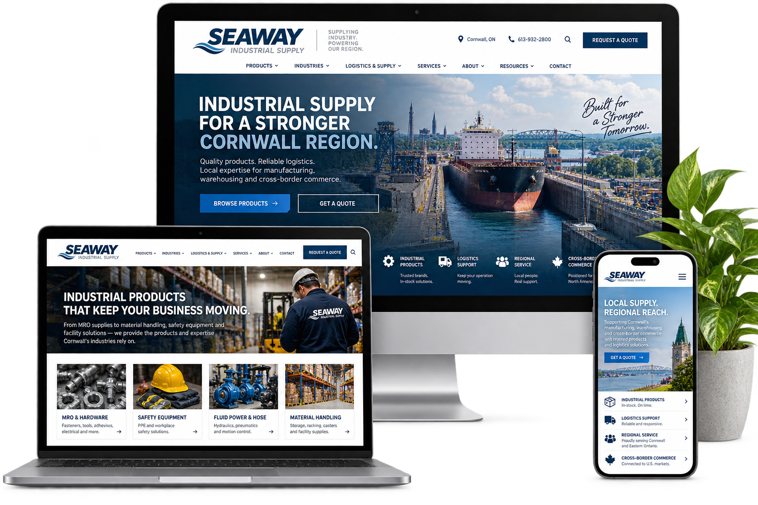 Seaway Industrial Supply fictional Cornwall industrial website shown across desktop laptop and mobile devices