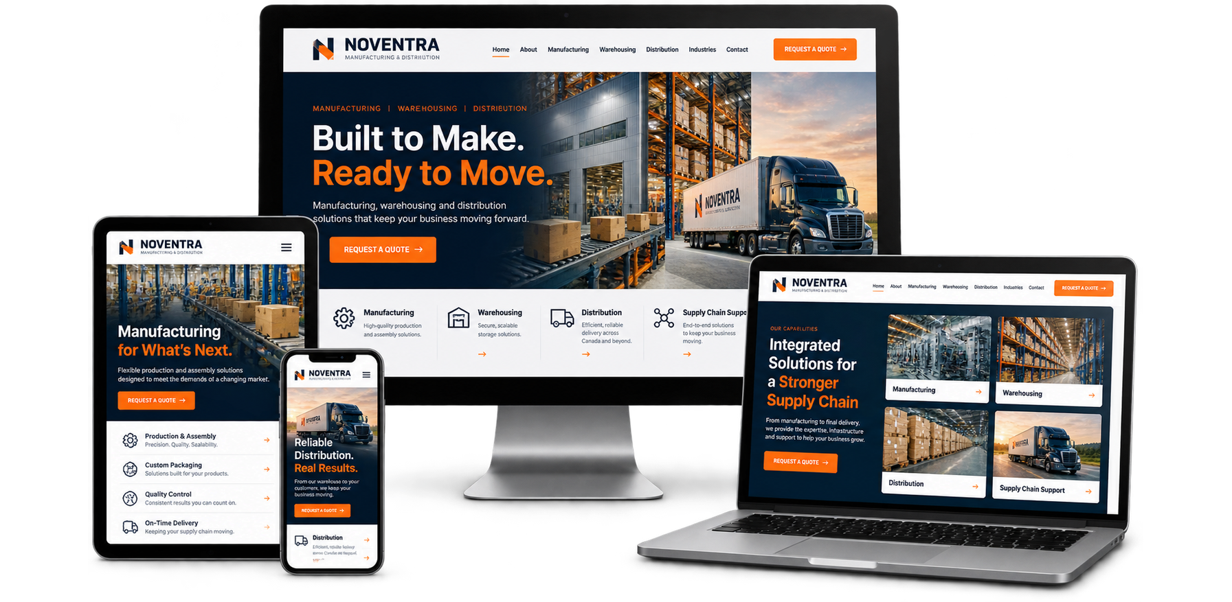Noventra Manufacturing & Distribution fictional County of Brant website shown across desktop laptop tablet and mobile devices