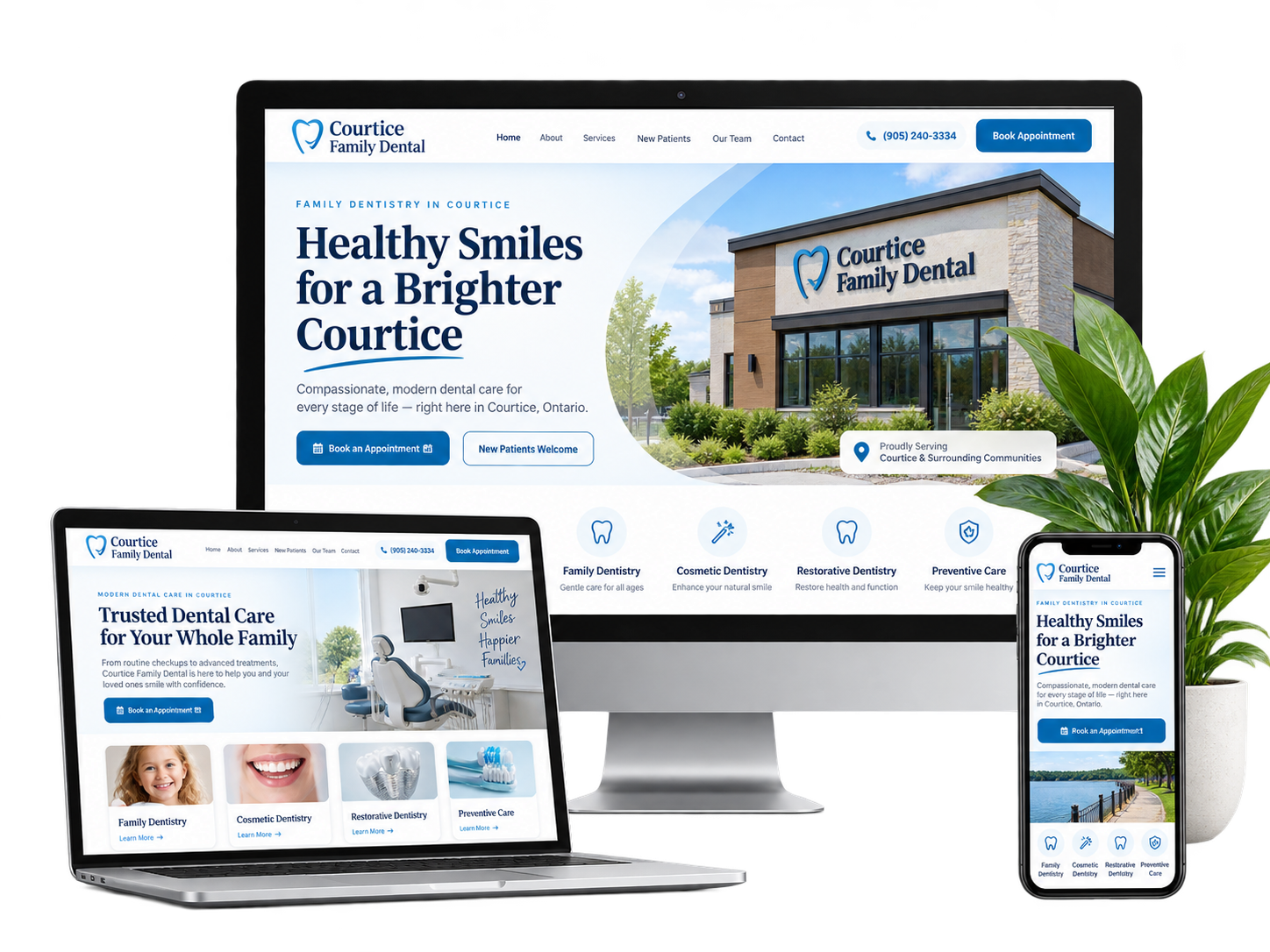 Courtice Family Dental fictional local healthcare website shown on desktop laptop and mobile devices