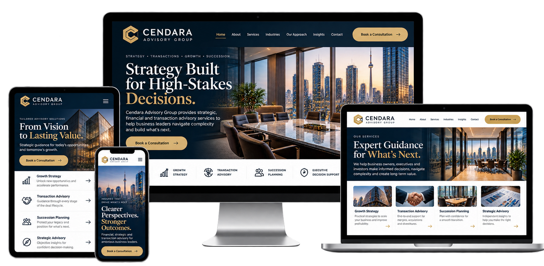 Cendara Advisory Group fictional website concept for Downtown Toronto shown across desktop laptop tablet and mobile devices