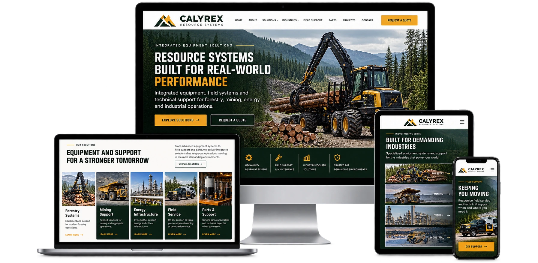 Calyrex Resource Systems fictional Dryden resource equipment website shown across desktop laptop tablet and mobile devices