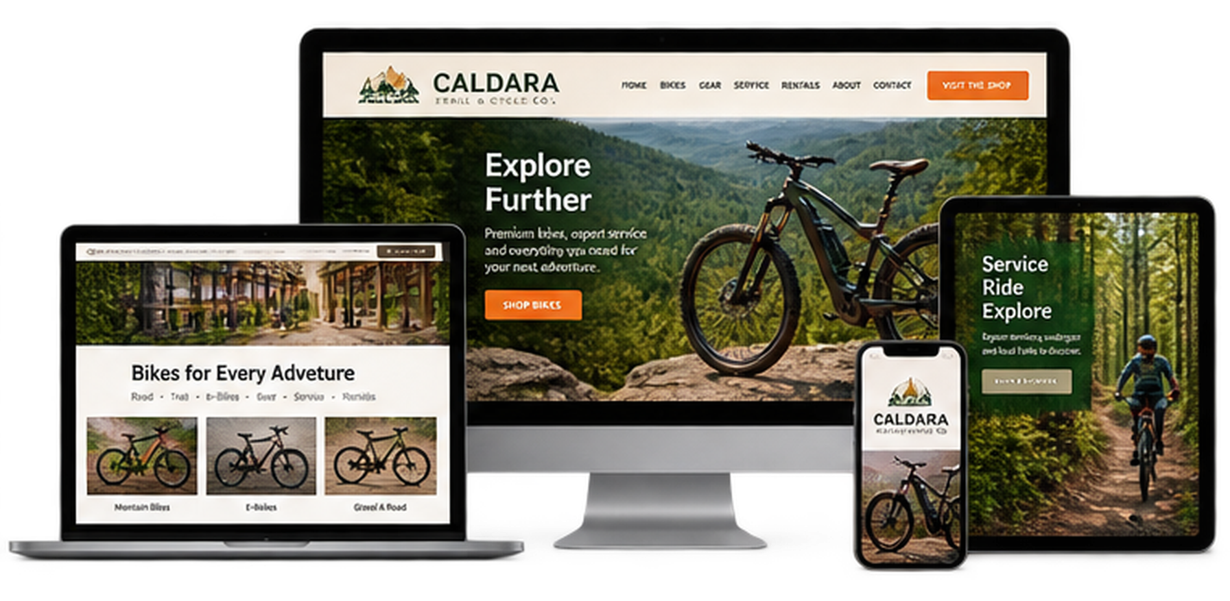 Caldara Trail and Cycle Company fictional Dundas outdoor retail website concept shown across desktop laptop tablet and mobile devices