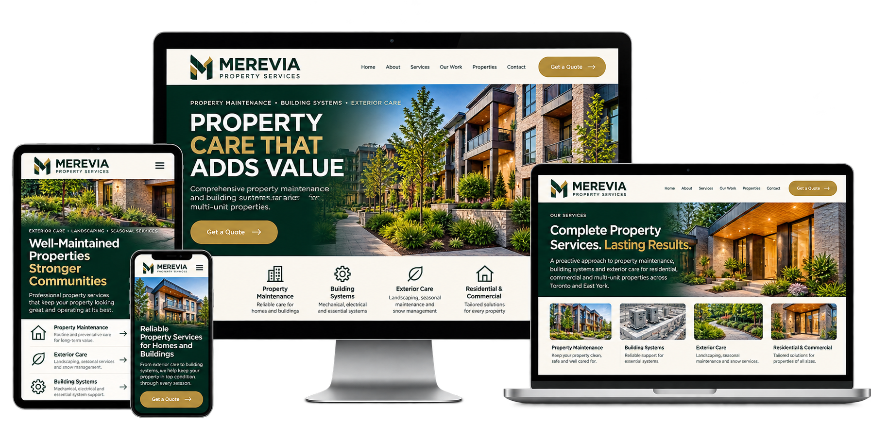 Merevia Property Services fictional website concept for East York shown across desktop laptop tablet and mobile devices