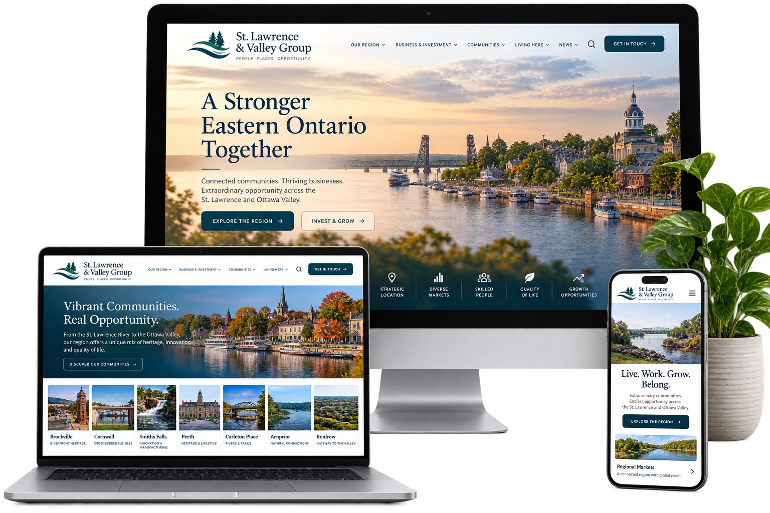 St. Lawrence and Valley Group fictional Eastern Ontario regional website shown across desktop laptop and mobile devices
