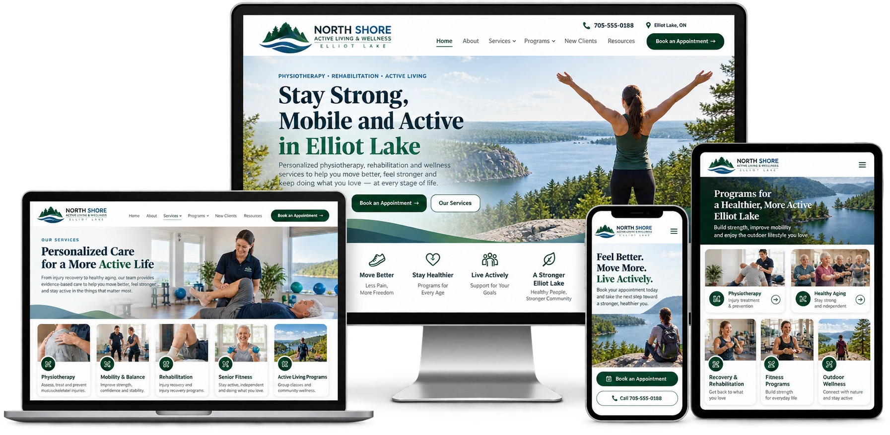 North Shore Active Living and Wellness fictional Elliot Lake physiotherapy and wellness website shown across desktop laptop tablet and mobile devices