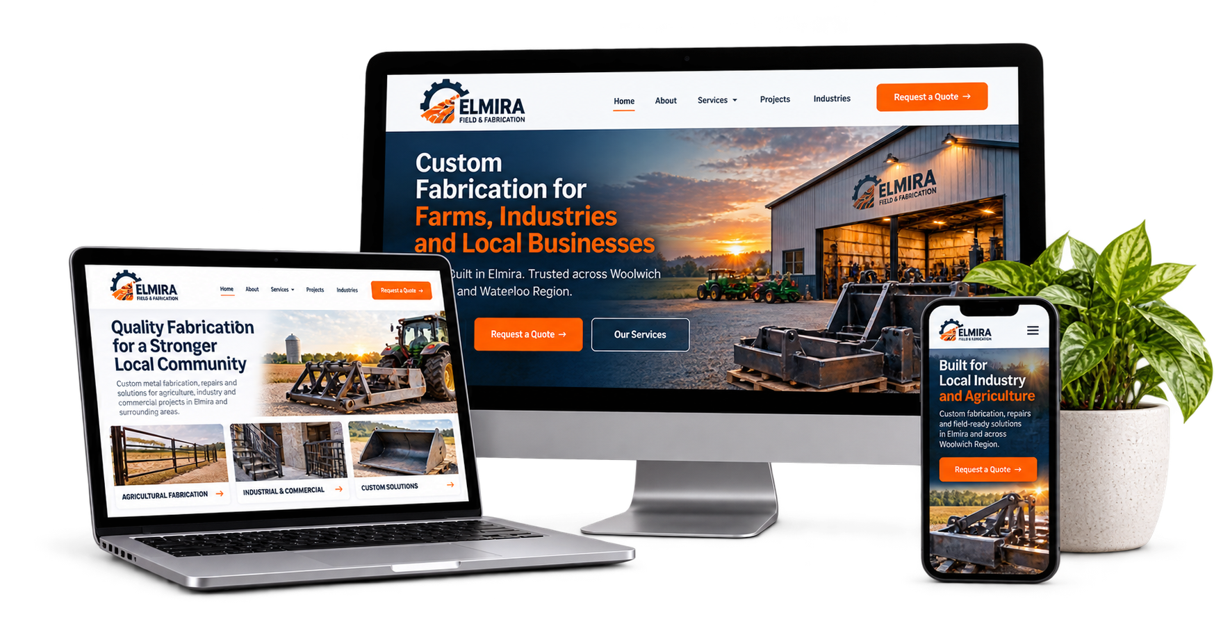 Elmira Field and Fabrication fictional Elmira agricultural fabrication website concept shown across desktop laptop and mobile devices
