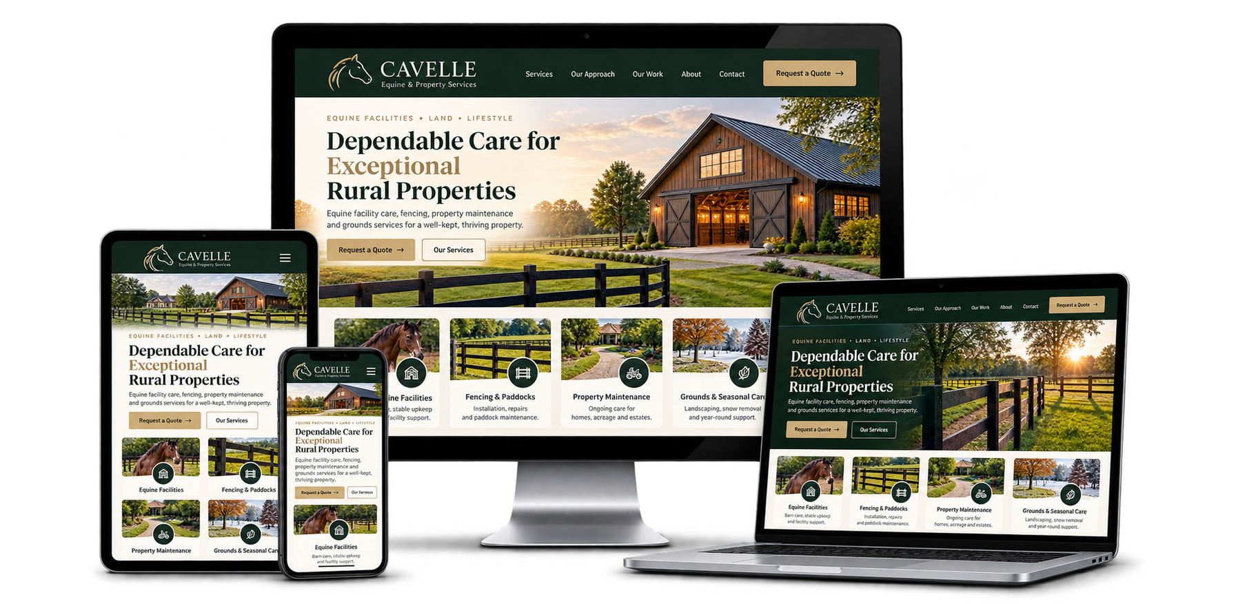 Cavelle Equine and Property Services fictional Erin rural services website concept shown across desktop laptop tablet and mobile devices