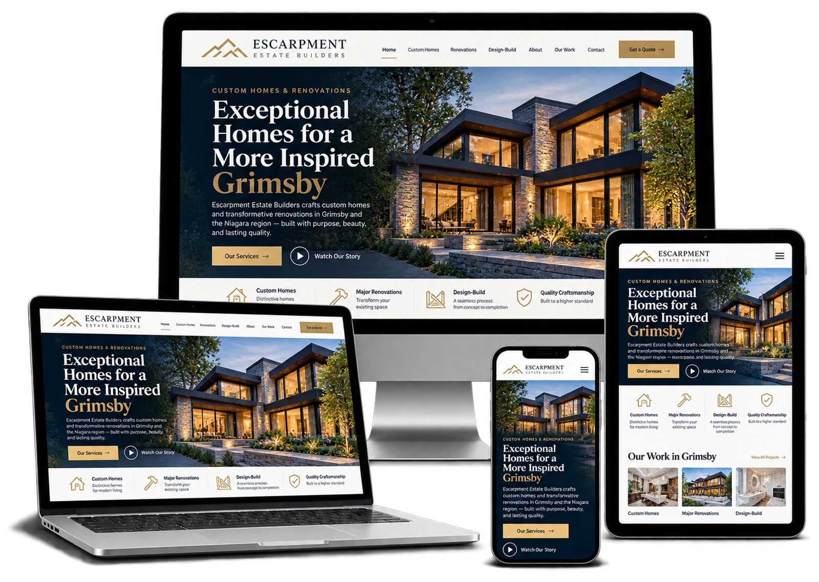 Escarpment Estate Builders fictional Grimsby custom home website shown across desktop laptop tablet and mobile devices