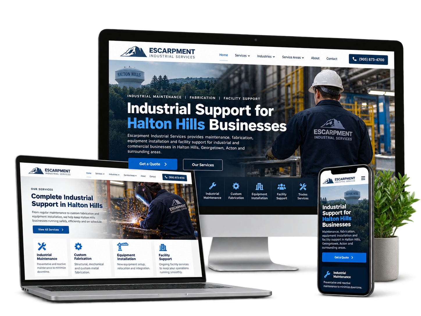 Escarpment Industrial Services fictional Halton Hills industrial services website concept shown across desktop laptop and mobile devices