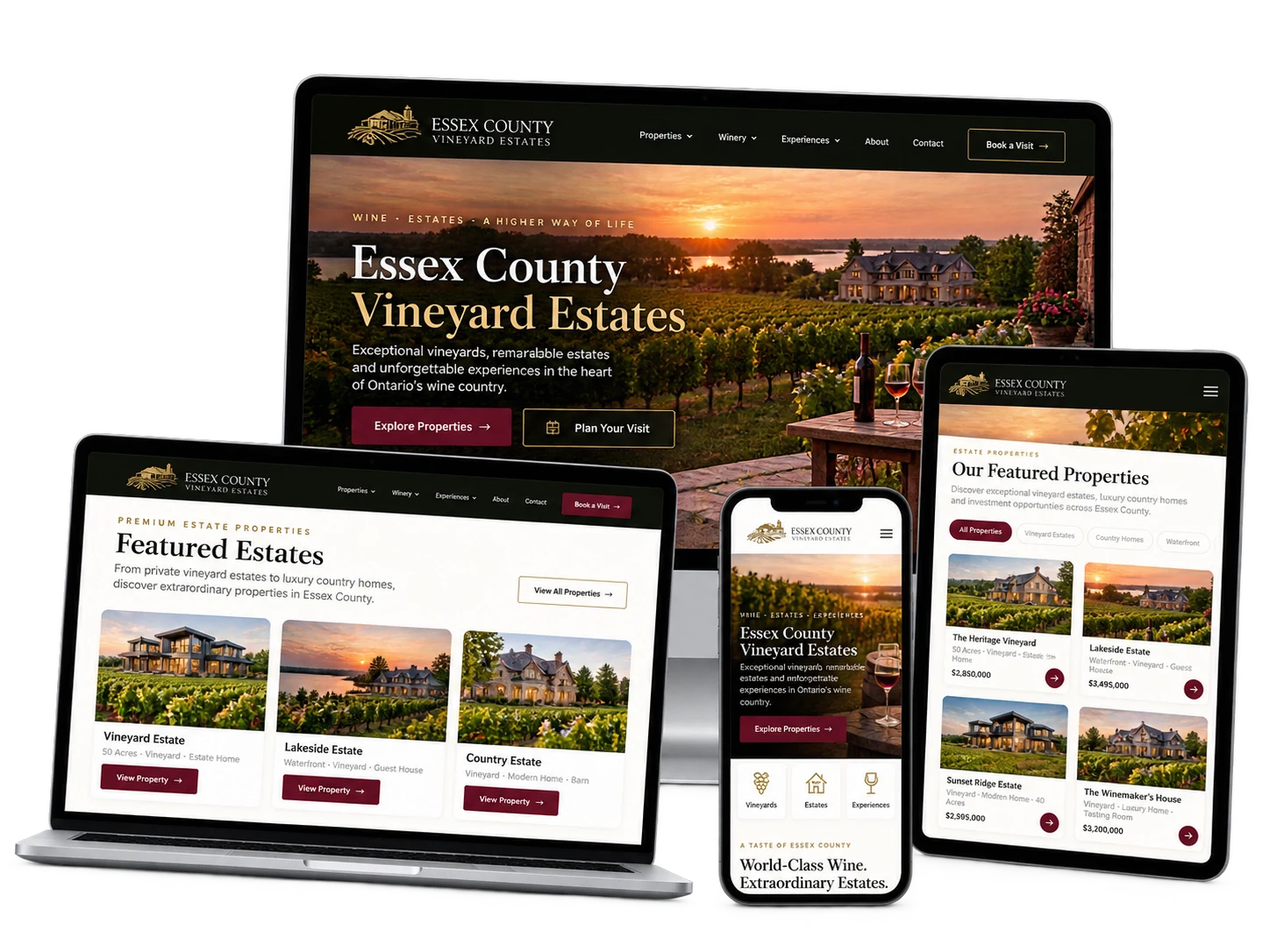 Essex County Vineyard Estates fictional vineyard property website shown across desktop, laptop, tablet and mobile devices