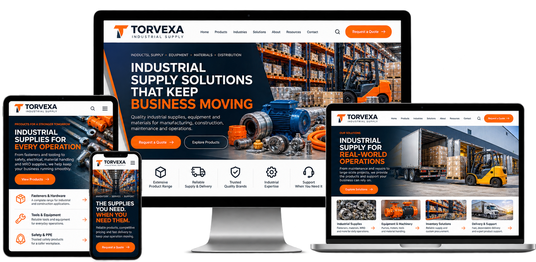 Torvexa Industrial Supply fictional website concept for Etobicoke shown across desktop laptop tablet and mobile devices