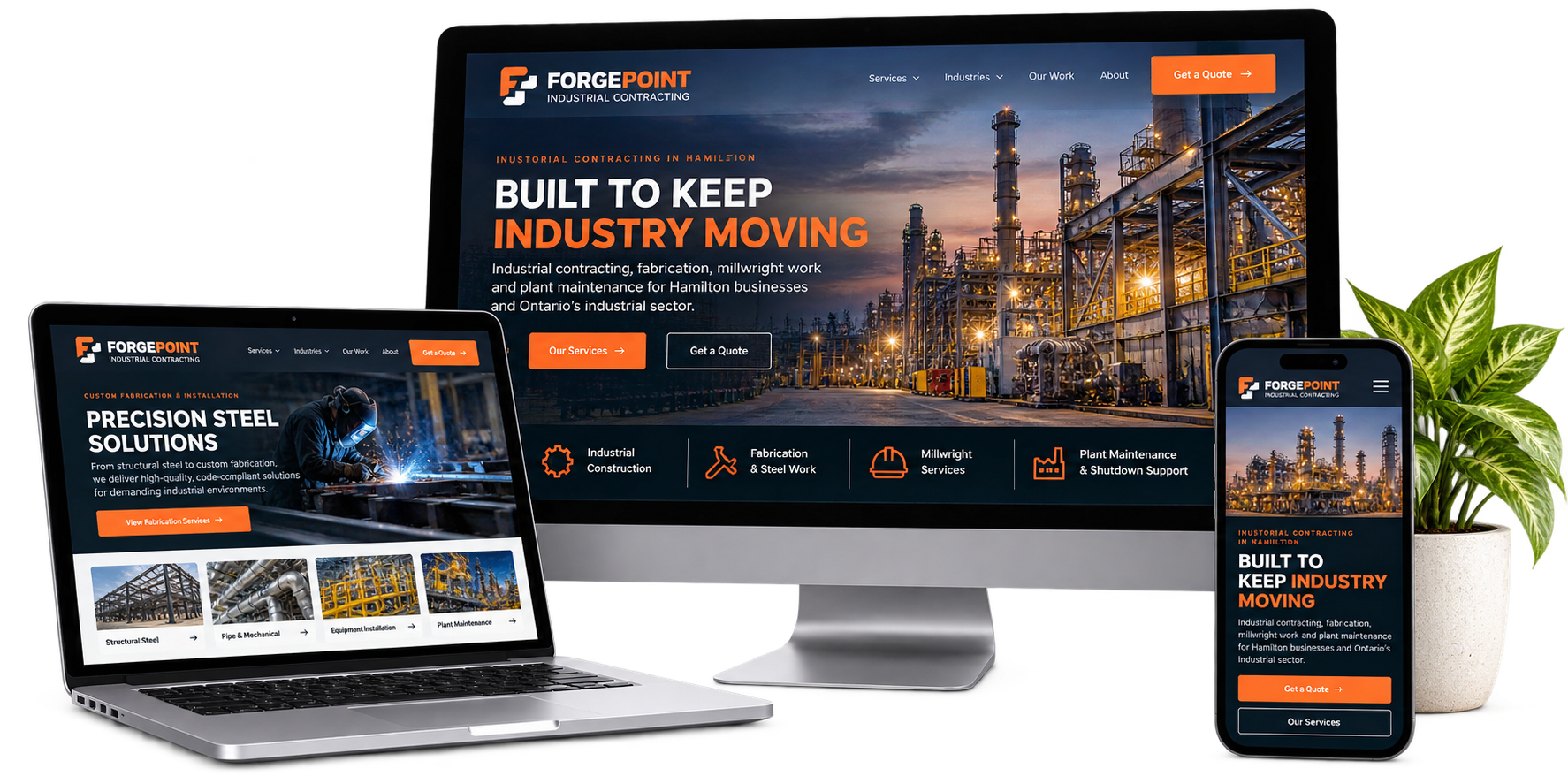 ForgePoint Industrial Contracting fictional Hamilton industrial website concept shown across desktop laptop and mobile devices