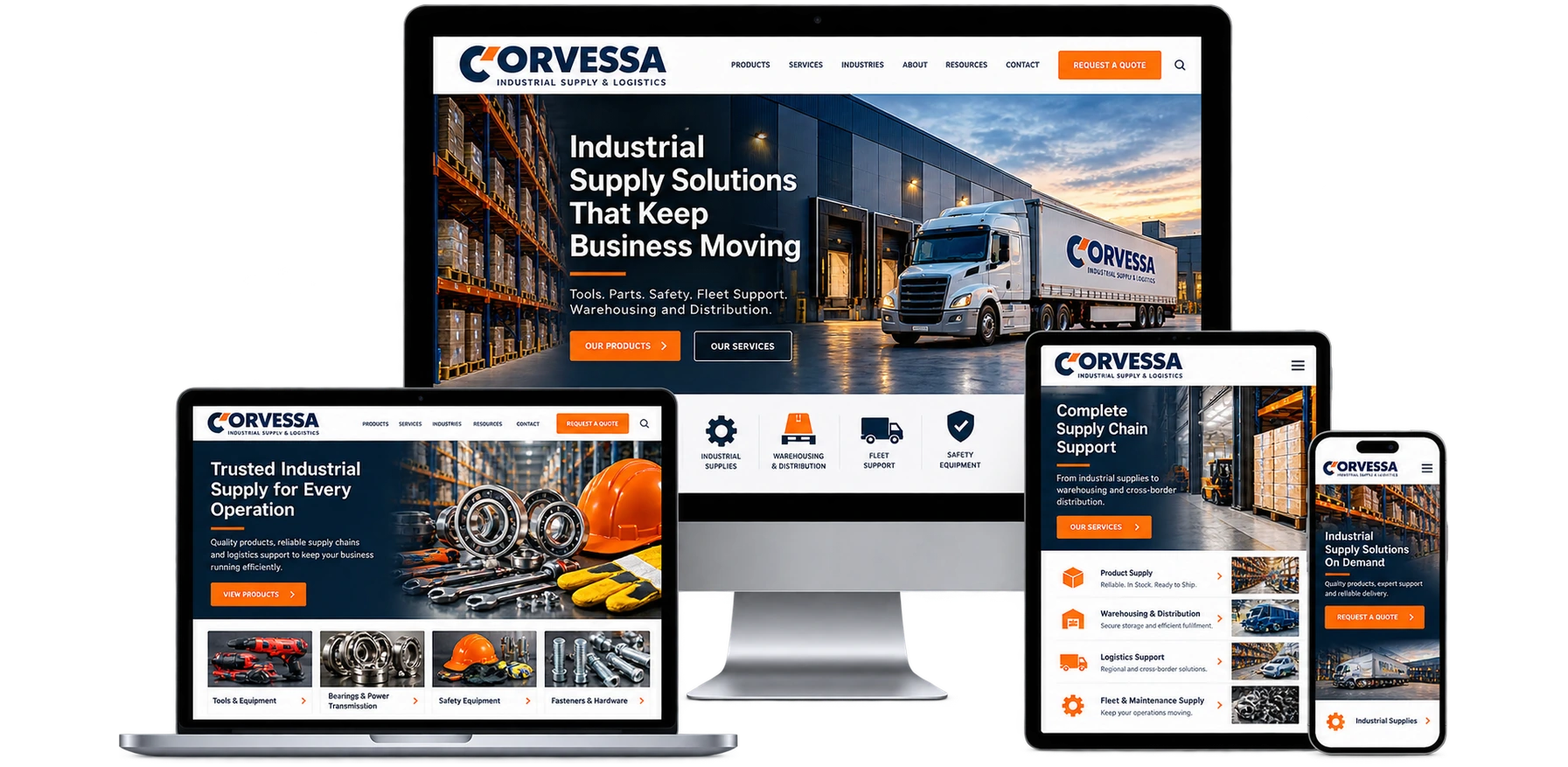 Corvessa Industrial Supply and Logistics fictional Fort Frances industrial website shown across desktop laptop tablet and mobile devices