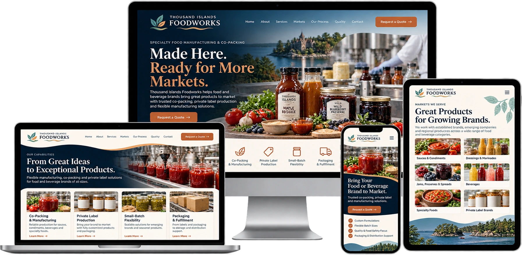 Thousand Islands Foodworks fictional Gananoque specialty food website shown across desktop laptop tablet and mobile devices