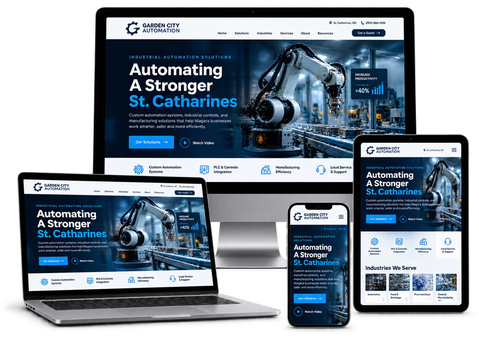 Garden City Automation fictional St. Catharines industrial automation website shown across desktop laptop tablet and mobile devices
