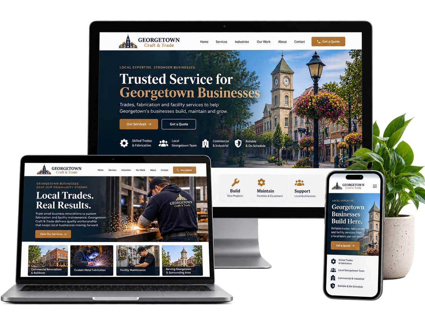 Georgetown Craft and Trade fictional Georgetown trades website concept shown across desktop laptop and mobile devices