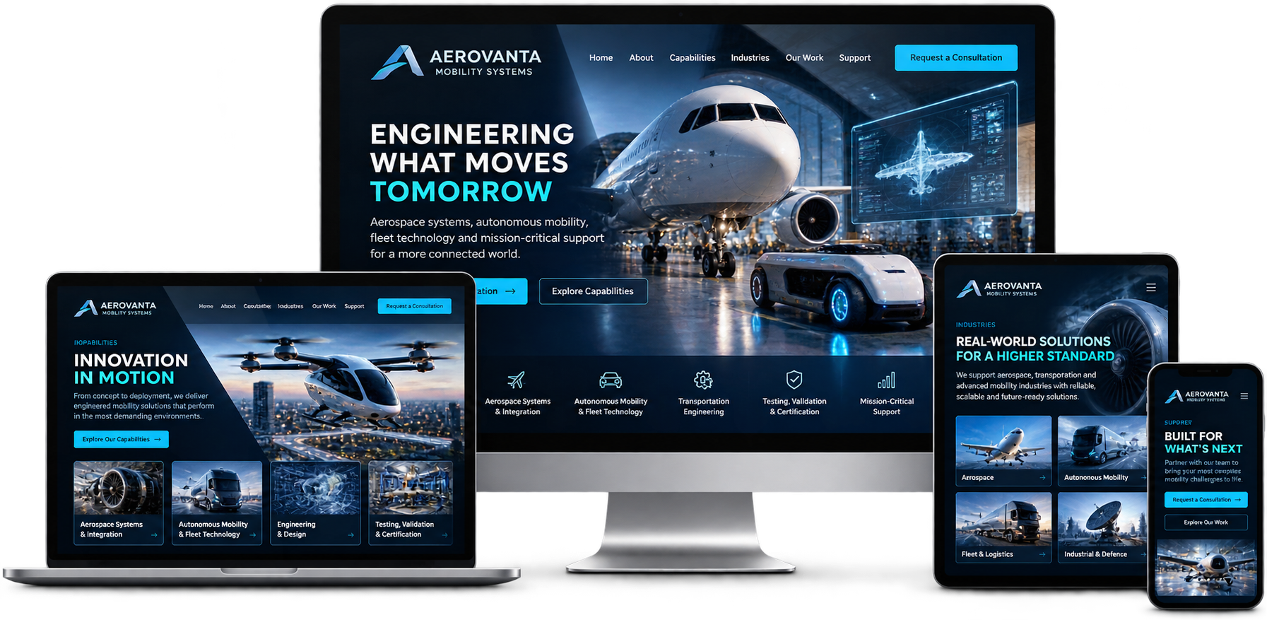 Aerovanta Mobility Systems fictional Gloucester aerospace and mobility website concept shown across desktop laptop tablet and mobile devices